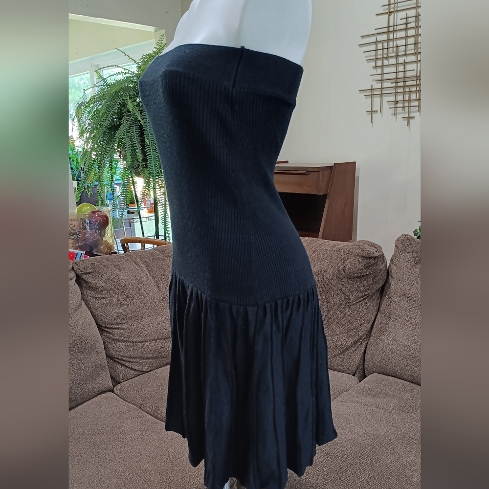 Gizel Mini Black Knit Ribbed Dress Pleated Strapless Drop Waist Tube Top Size S - Picture 3 of 11
